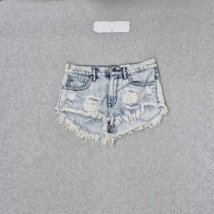 Bullhead Denim Co. Women Shorts 5 Light Blue Denim Graphic Stars Stripes Patriot